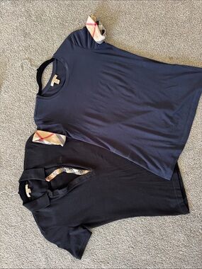 Burberry Navy and Black Short Sleeve Tops with Signature Check Accents